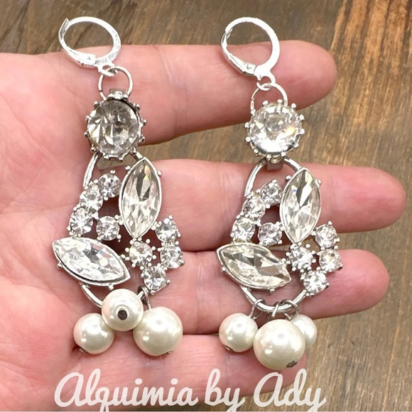 pearl and cubic zirconia big long chandelier silver statement earrings prom - Picture 1 of 7